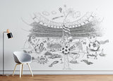 Soccer stadium wall mural bringing energy to a teen's bedroom with gaming setup and sports memorabilia