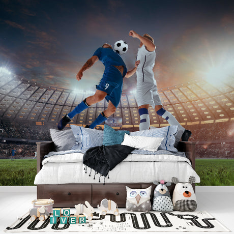 Football stadium wallpaper in modern living room creating exciting match day atmosphere