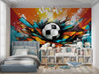 Football street art mural brightening a modern teen bedroom with dynamic graffiti design