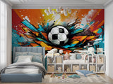 Football street art mural brightening a modern teen bedroom with dynamic graffiti design