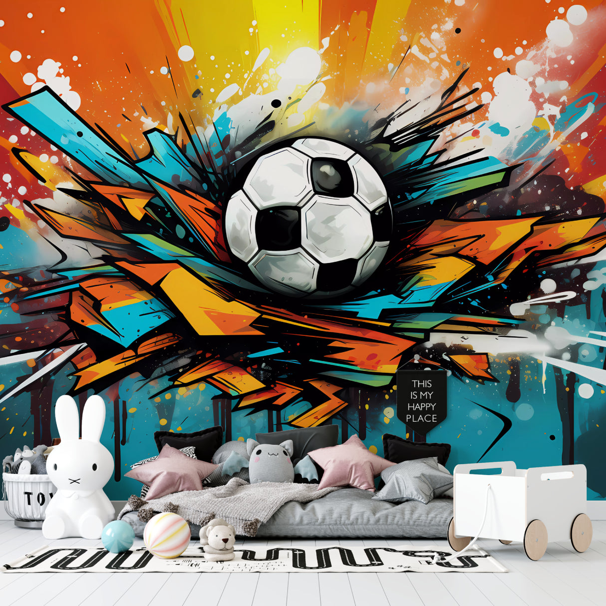 Urban football wallpaper creating energy in a game room setting