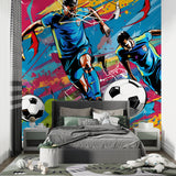 Football graffiti wallpaper in modern teen bedroom showing vibrant street art style