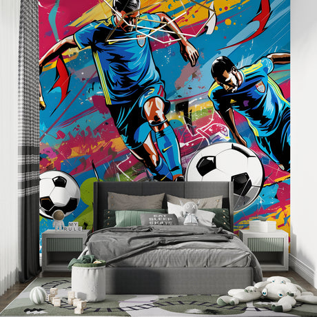Football graffiti wallpaper in modern teen bedroom showing vibrant street art style