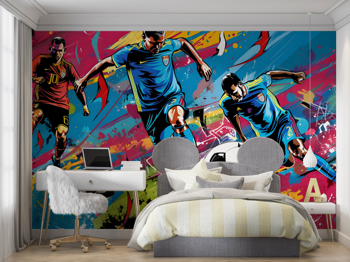 Street art football mural installed in urban game room with dynamic lighting