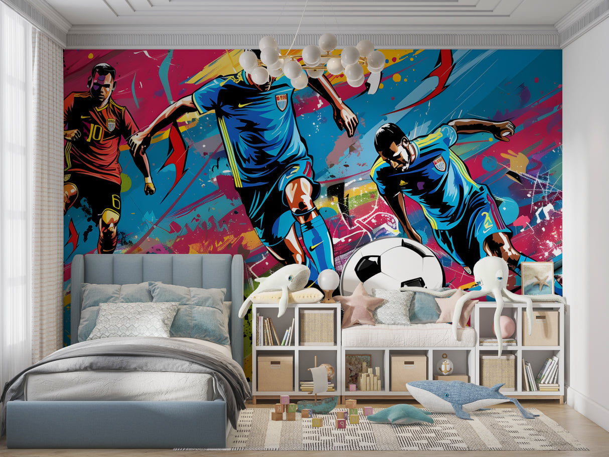 Urban graffiti sports wallpaper featured in modern living space