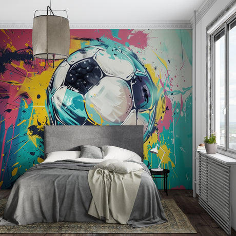 Football street art wallpaper in modern teen bedroom showing vibrant splash design