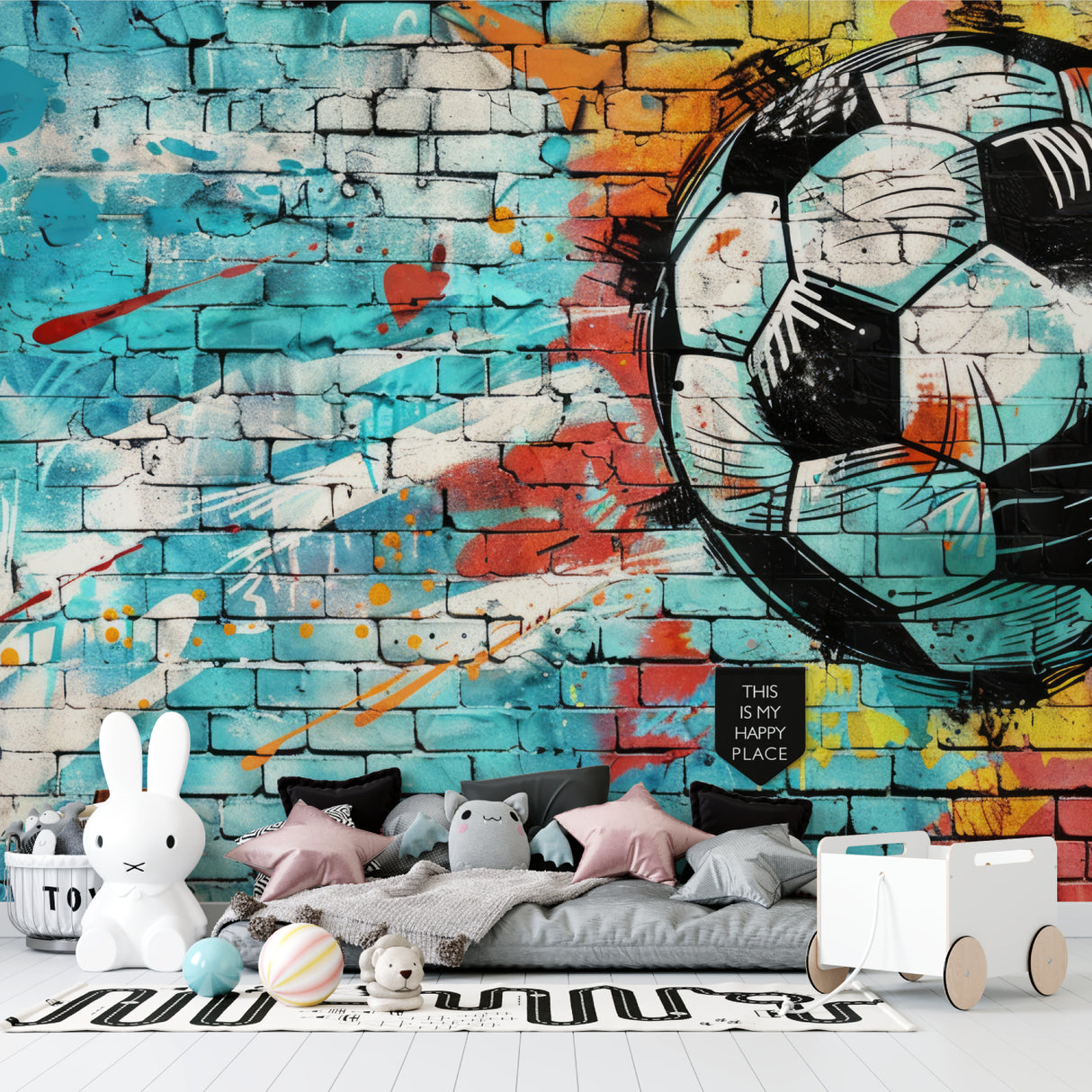 Football street art mural in modern teen bedroom showing urban graffiti style