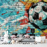 Football street art mural in modern teen bedroom showing urban graffiti style
