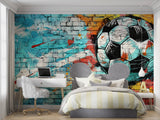 Street art football wallpaper in gaming room with vibrant graffiti colors