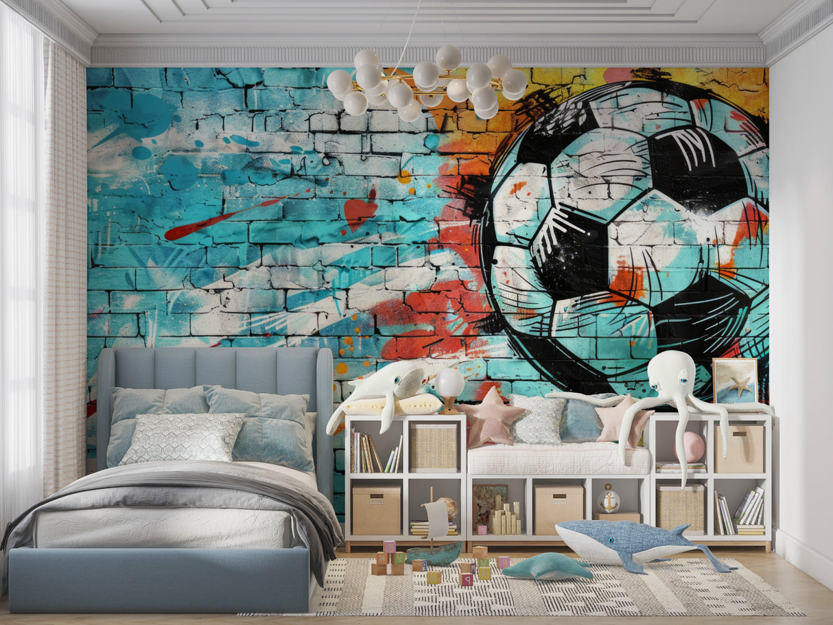 Urban graffiti football mural in sports room showing street art detail