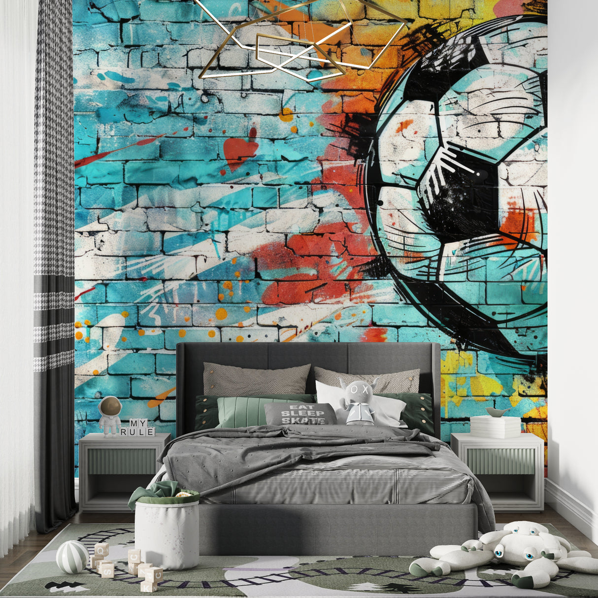 Graffiti football wallpaper in modern living room with urban feel