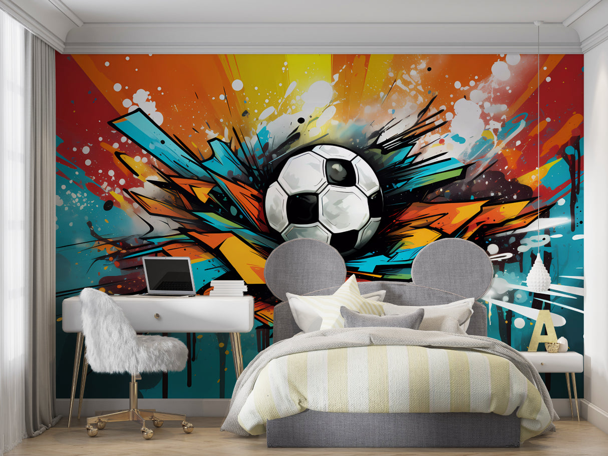 Football graffiti mural wallpaper in modern teen bedroom with gaming setup and LED lights