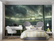 Football stadium mural wallpaper in modern gaming room, dramatic night lights reflecting off rain-soaked walls