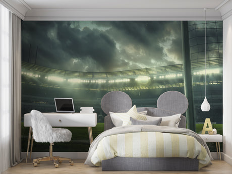 Football stadium mural wallpaper in modern gaming room, dramatic night lights reflecting off rain-soaked walls