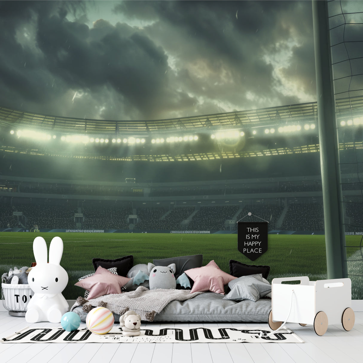 Sports arena wallpaper creating depth in teen bedroom, stadium lights glowing through storm clouds