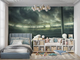 Football stadium wallpaper in sports bar, dramatic rainy night scene enhancing space