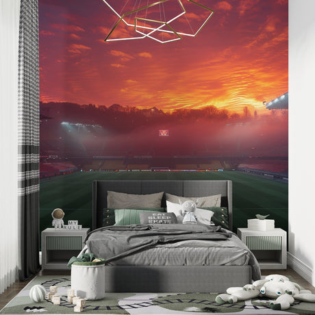 Football stadium wallpaper creating depth in modern living room with sunset glow