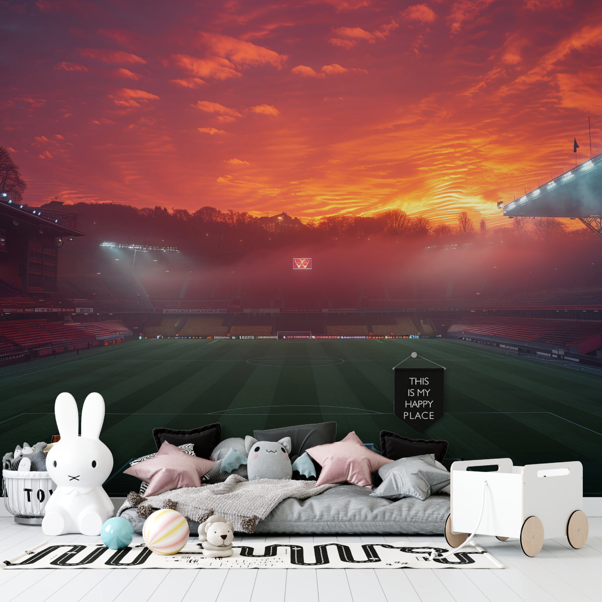 Stadium sunset mural in teen bedroom showing scale and atmosphere