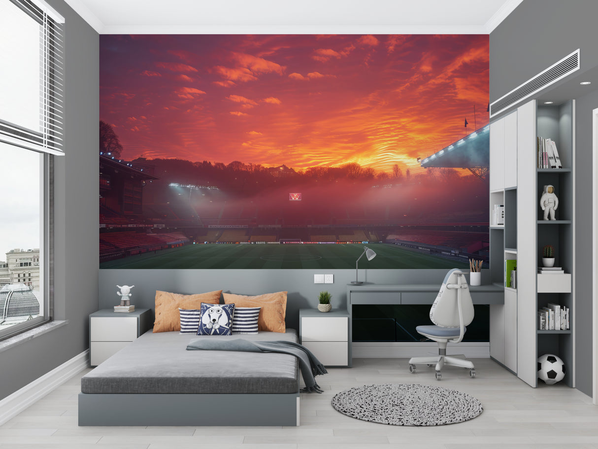 Sports themed gaming room with stadium wallpaper making statement wall