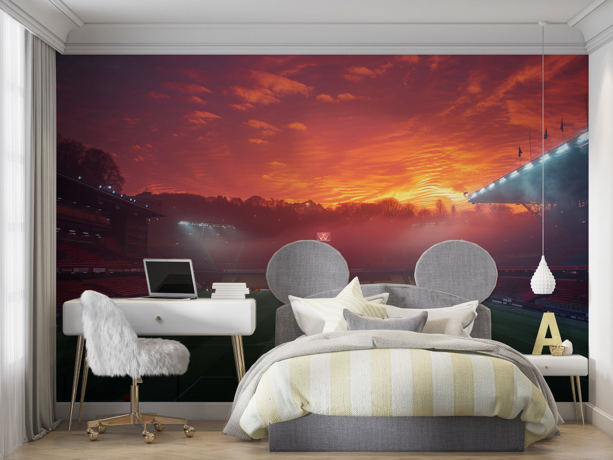 Home office featuring dramatic stadium sunset wallpaper design