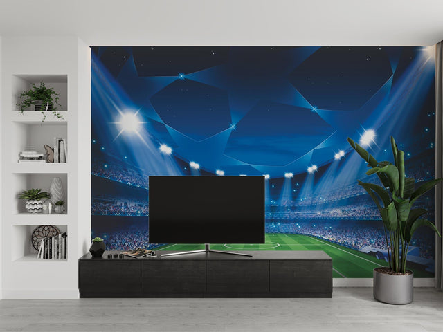 Football stadium wallpaper creating depth in modern living room with blue ambient lighting effects