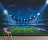 Stadium mural wallpaper bringing sports atmosphere to teen bedroom with gaming setup