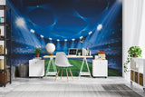 Sports arena wallpaper making statement in home theater room with dramatic lighting
