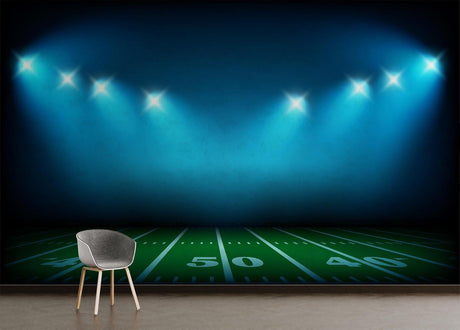Football stadium wallpaper mural creating depth in a modern game room with dramatic night lighting effects