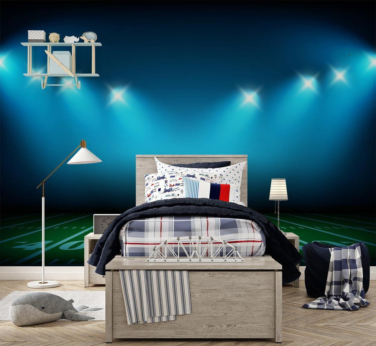 Sports stadium mural wallpaper transforming a teen bedroom with stunning arena atmosphere
