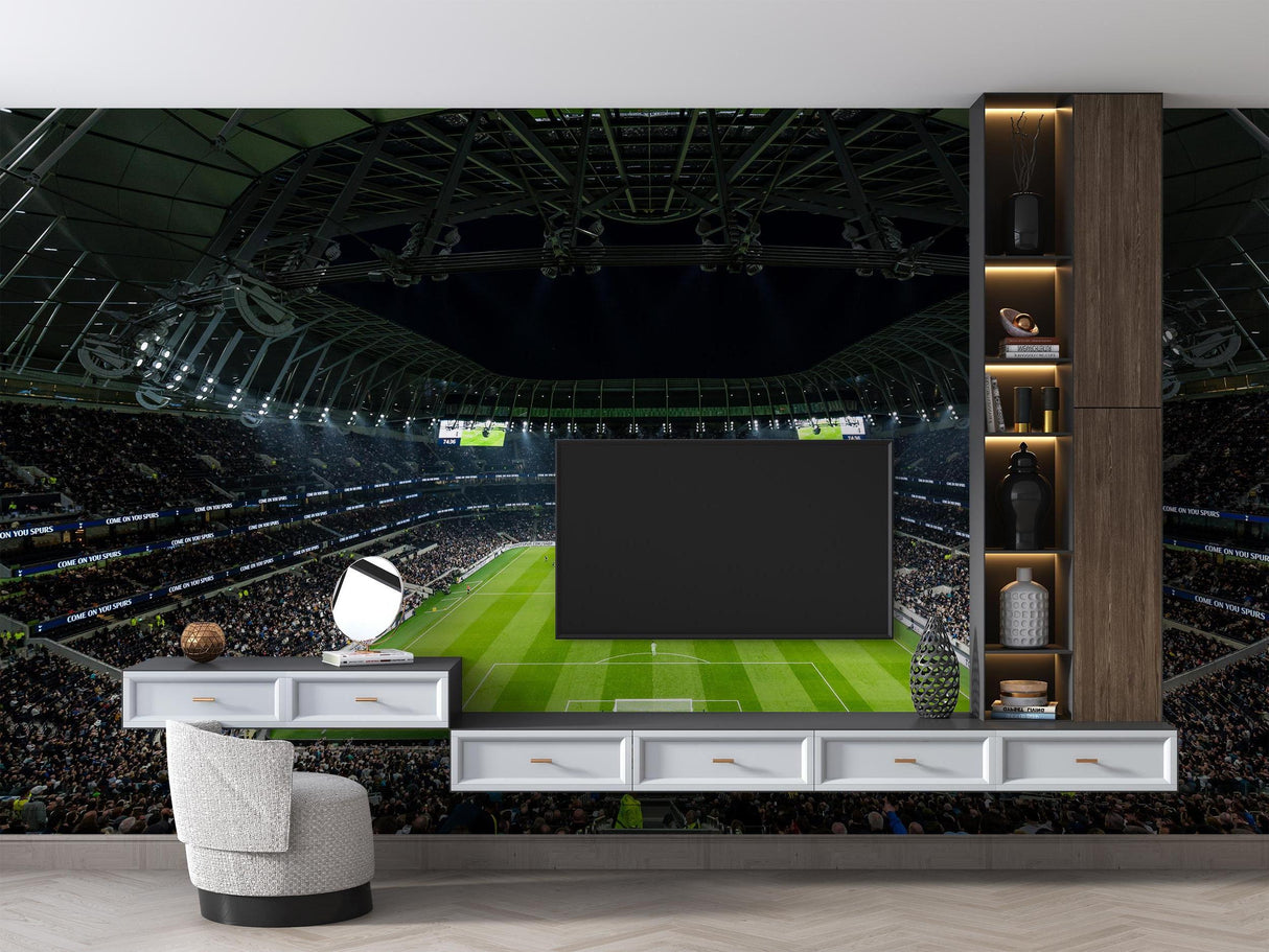 Football stadium mural wallpaper bringing sports atmosphere to a modern gaming room with LED lighting