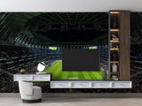 Football stadium mural wallpaper bringing sports atmosphere to a modern gaming room with LED lighting