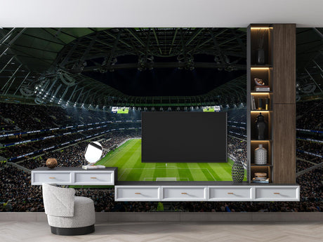 Football stadium mural wallpaper bringing sports atmosphere to a modern gaming room with LED lighting