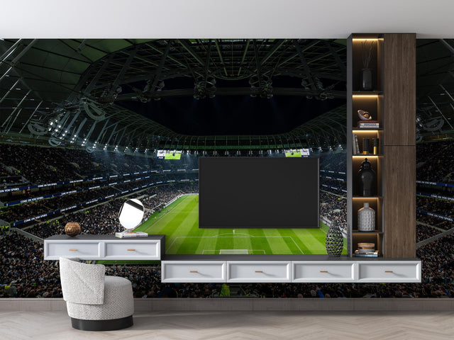 Football stadium mural wallpaper bringing sports atmosphere to a modern gaming room with LED lighting