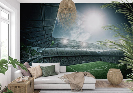 Football stadium mural wallpaper creating dramatic impact in modern living room with natural lighting
