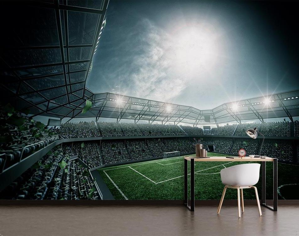 Soccer stadium wallpaper transforming home office into impressive sports-themed workspace