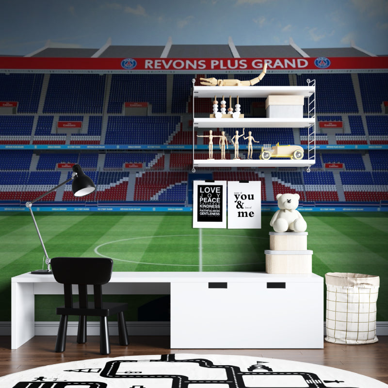 Football stadium wallpaper bringing match day atmosphere to a modern living room
