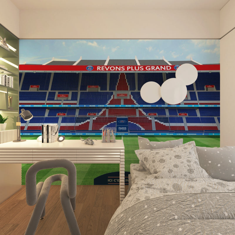 Football arena wallpaper transforming home office space