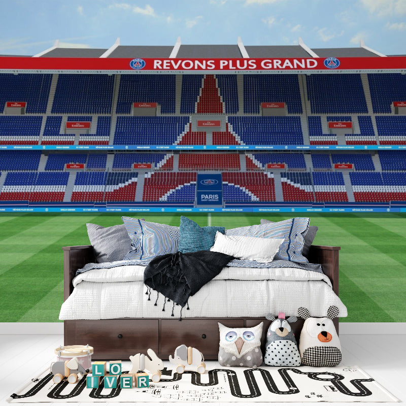 Soccer stadium wallpaper making statement in game room
