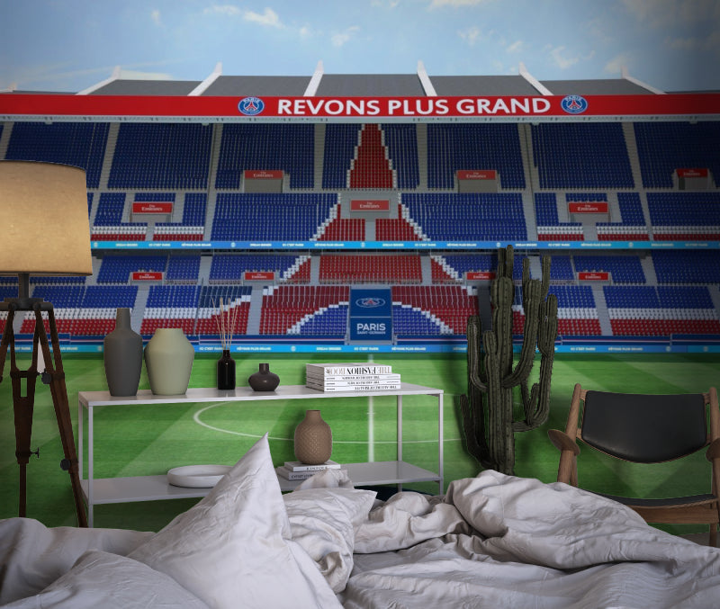 Sports stadium wallpaper adding depth to man cave