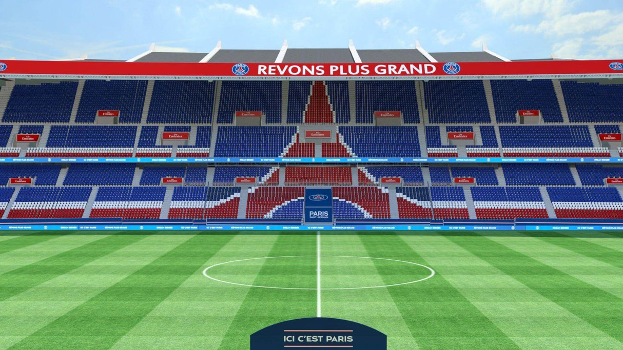 Football stadium design file showing detailed stadium architecture and pitch view