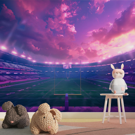 Football stadium wallpaper bringing atmosphere to modern living room with purple sunset glow