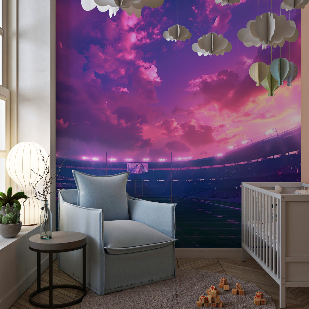 Teen bedroom transformed with stadium mural wallpaper showing dramatic purple sky