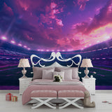 Game room featuring football stadium wall mural with sunset purple tones