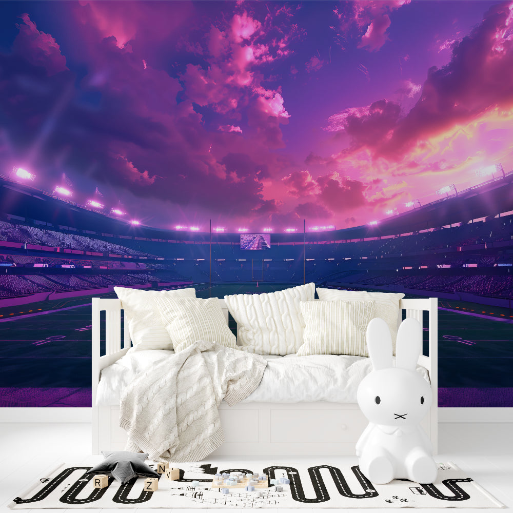 Home gym with sports stadium wallpaper creating motivational atmosphere