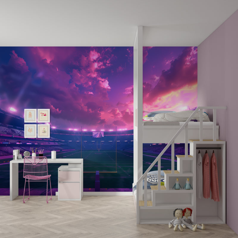 Man cave decorated with football stadium mural showing purple sunset