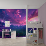 Man cave decorated with football stadium mural showing purple sunset