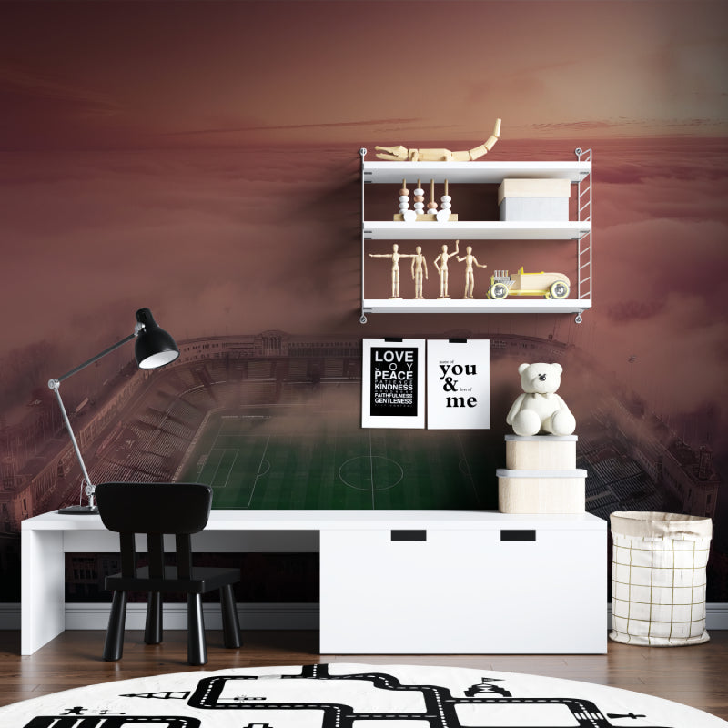 Football stadium wallpaper mural bringing energy to a modern living room with sunset sky backdrop