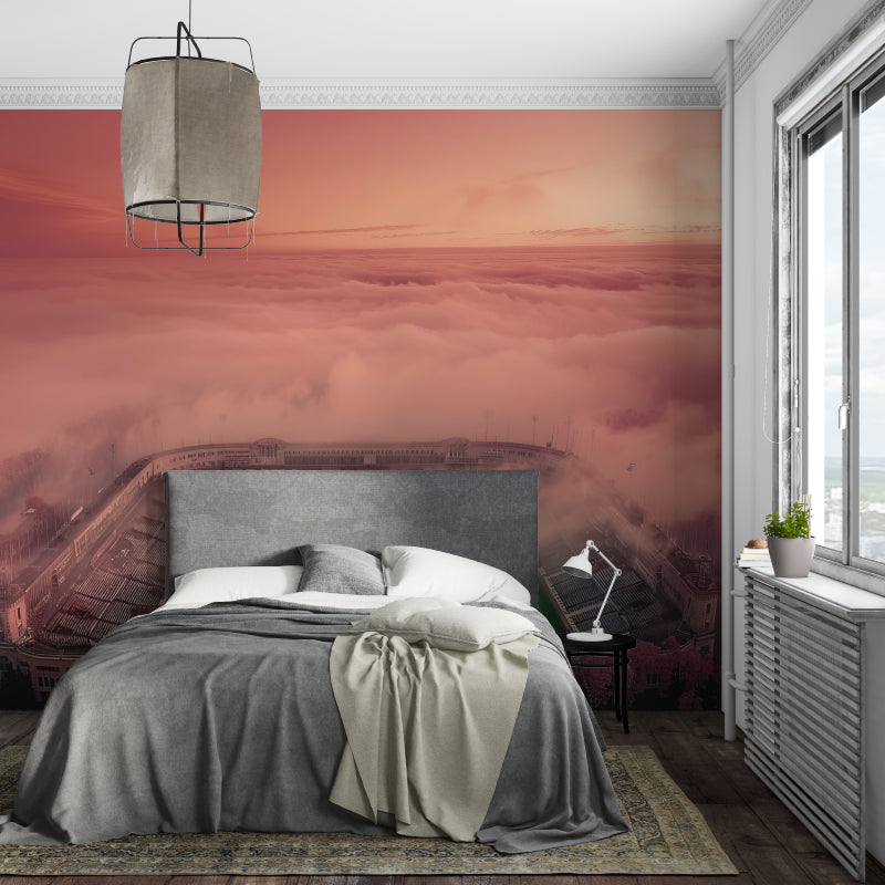 Stadium mural with golden hour sky creating depth in a teen bedroom