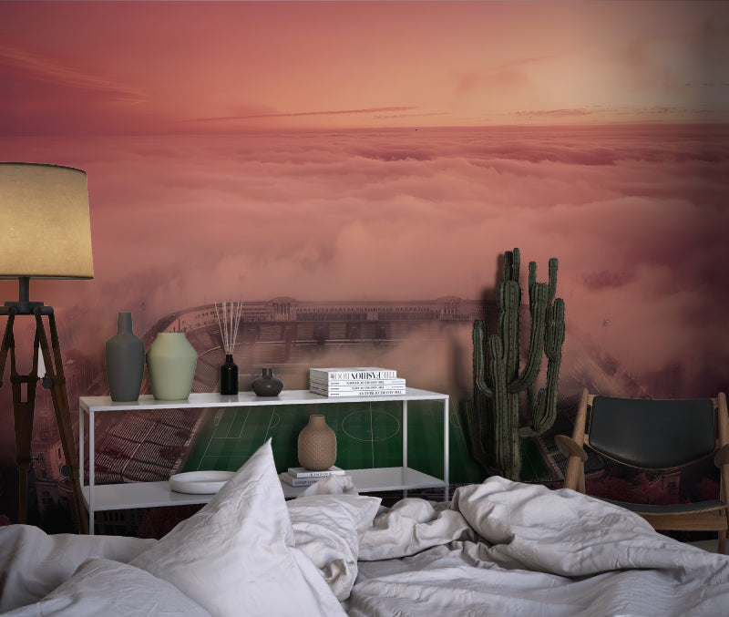 Sports venue wallpaper transforming a home office with dramatic stadium view