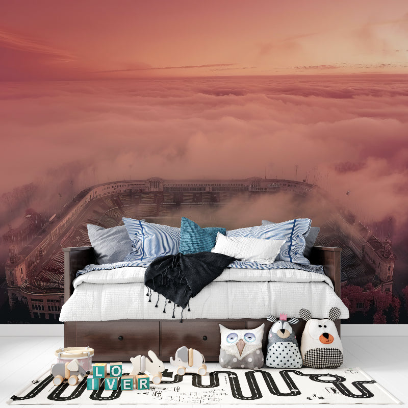 Football stadium wall mural adding character to a gaming room setup